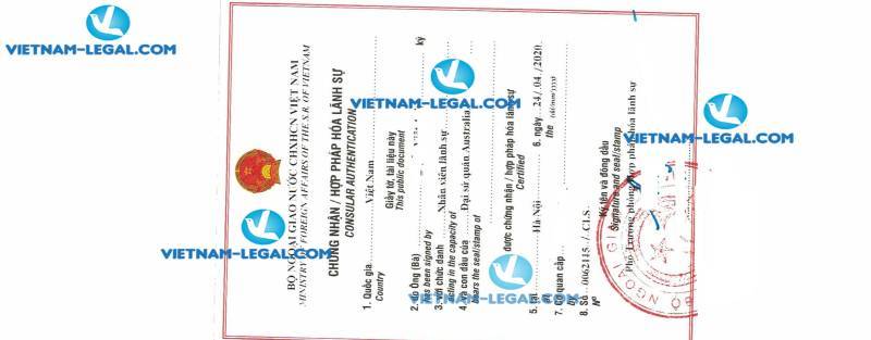 Legalization Result of Australian Note of No Marriage Hinder for use in Vietnam on 24 04 2020