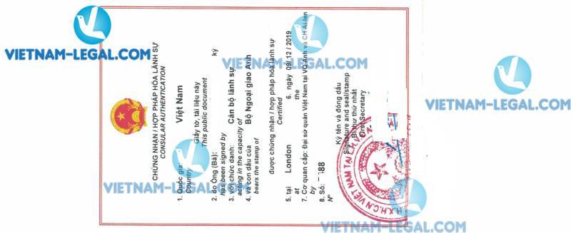 Legalization Result of Certificate of Incorporation in UK for use in Vietnam 9th December 2019