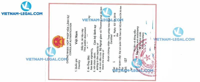 Legalization Result of Ireland Company Documents for use in Vietnam 2nd December 2019