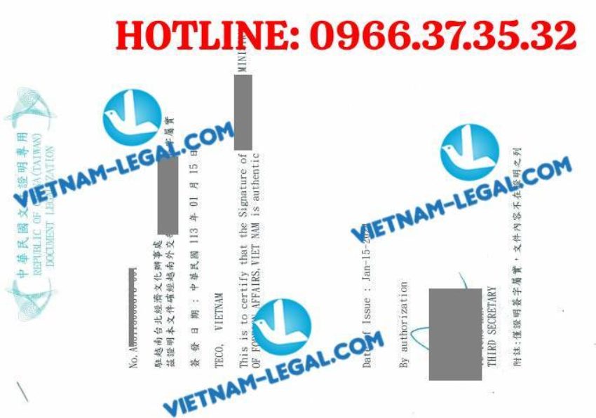 Kết quả hợp pháp hóa Xác nhận nghĩa vụ thuế với NSNN cấp tại Việt Nam sử dụng tại Đài Loan ngày 15 1 2024