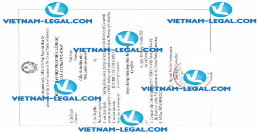 Legalization Result of Certificate of Authorized Reseller issued in the USA for use in Vietnam on 15 12 2021