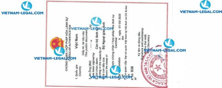 Legalization Result of Certificate of Company in UK for use in Vietnam on 01 03 2020