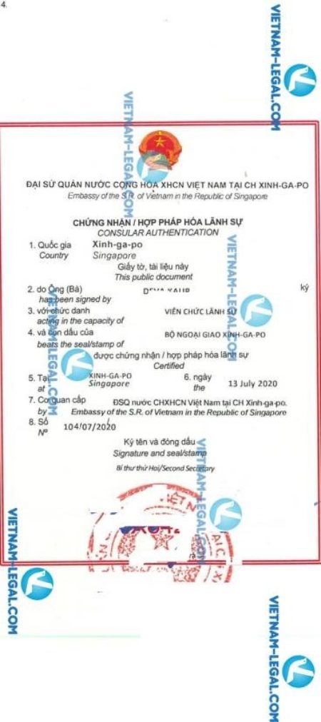 Legalization Result of Company Selling License in Singapore for use in Vietnam No 104 on 13 07 2020