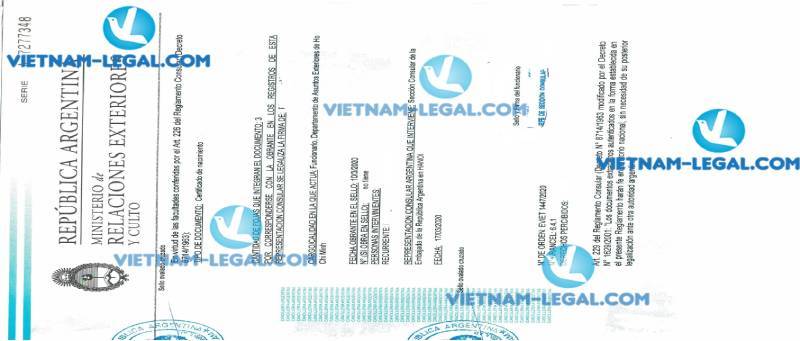 Legalization Result of Birth Certificate issued in Vietnam for use in Argentina on 17 03 2019