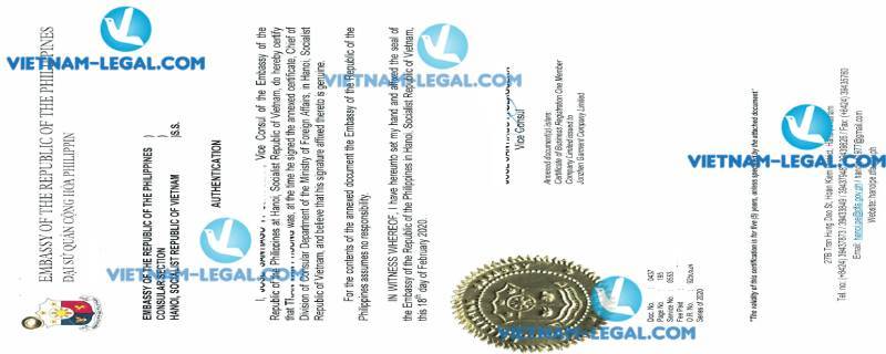 Legalization Result of Business Registration Certificate in Vietnam for use in The Philippines on 18 02 2020