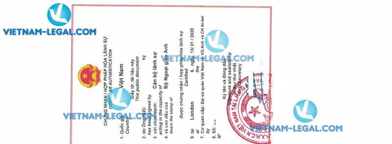 Legalization Result of Personal Document in UK for use in Vietnam 13th January 2020