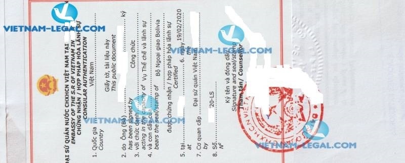 Legalization Result of Single Status Certificate of Bolivia for use in Vietnam on 19 02 2020