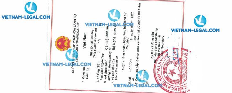 Legalization Result of UK Certificate of Quality for use in Vietnam on 01 03 2020