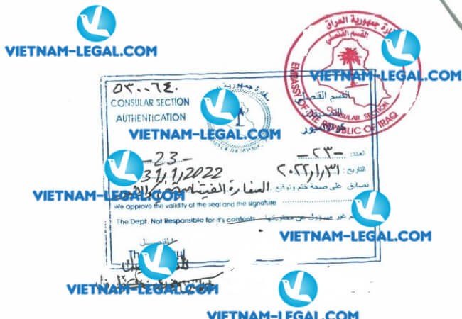 Legalization result of Business Registration Certificate issued in Vietnam for use in Iraq on 31 1 2022